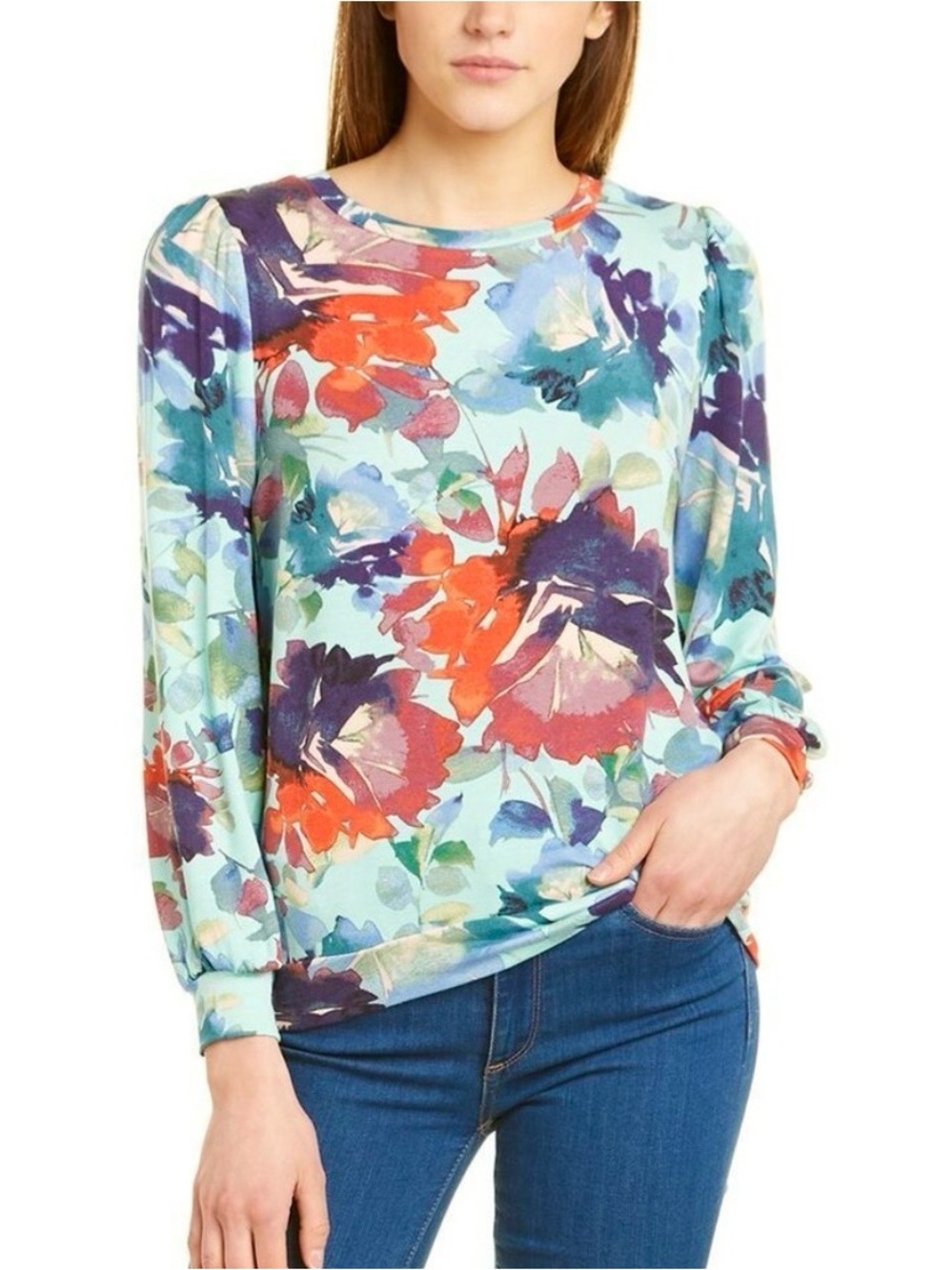 Adyson Parker Watercolor Floral Puffy Sleeve Modal Stretch Knit Top